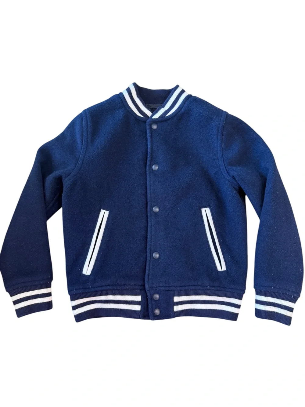 GAP Kids Boys Navy Varsity Jacket Size Medium Wool Blend Leather Trim Pockets